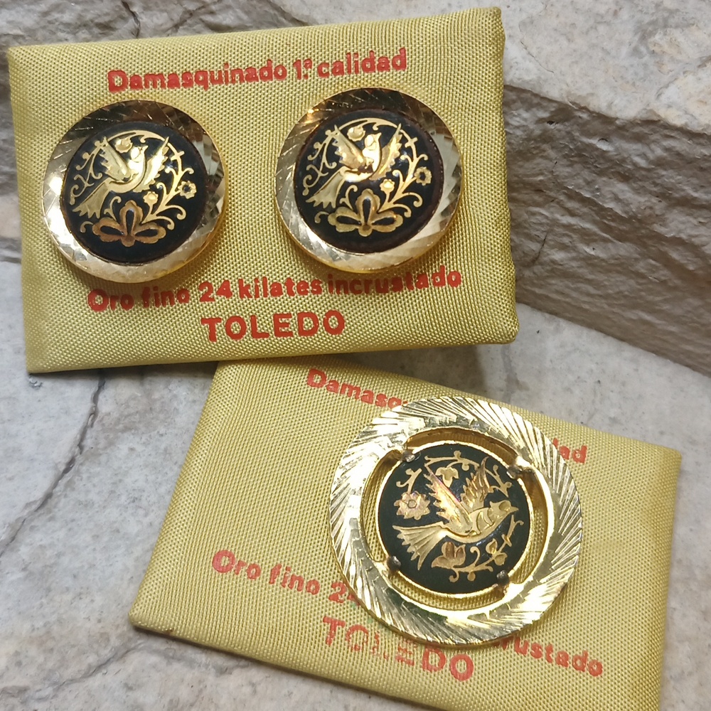 Vintage 24k Gold Finished Toledo Damascene Brooch & Earrings Set Made In Spain